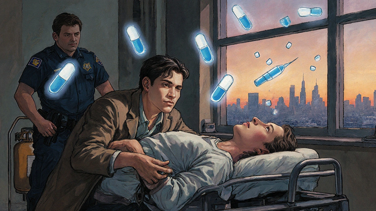 A revived overdose survivor opens their eyes as paramedics arrive, with ghostly drug images fading into light.