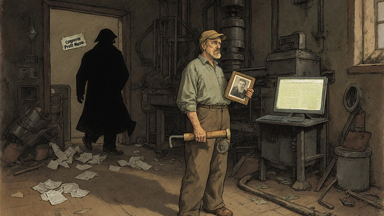 A small manufacturer stands beside a shuttered factory line, holding a family photo, as a shadowy figure walks away.