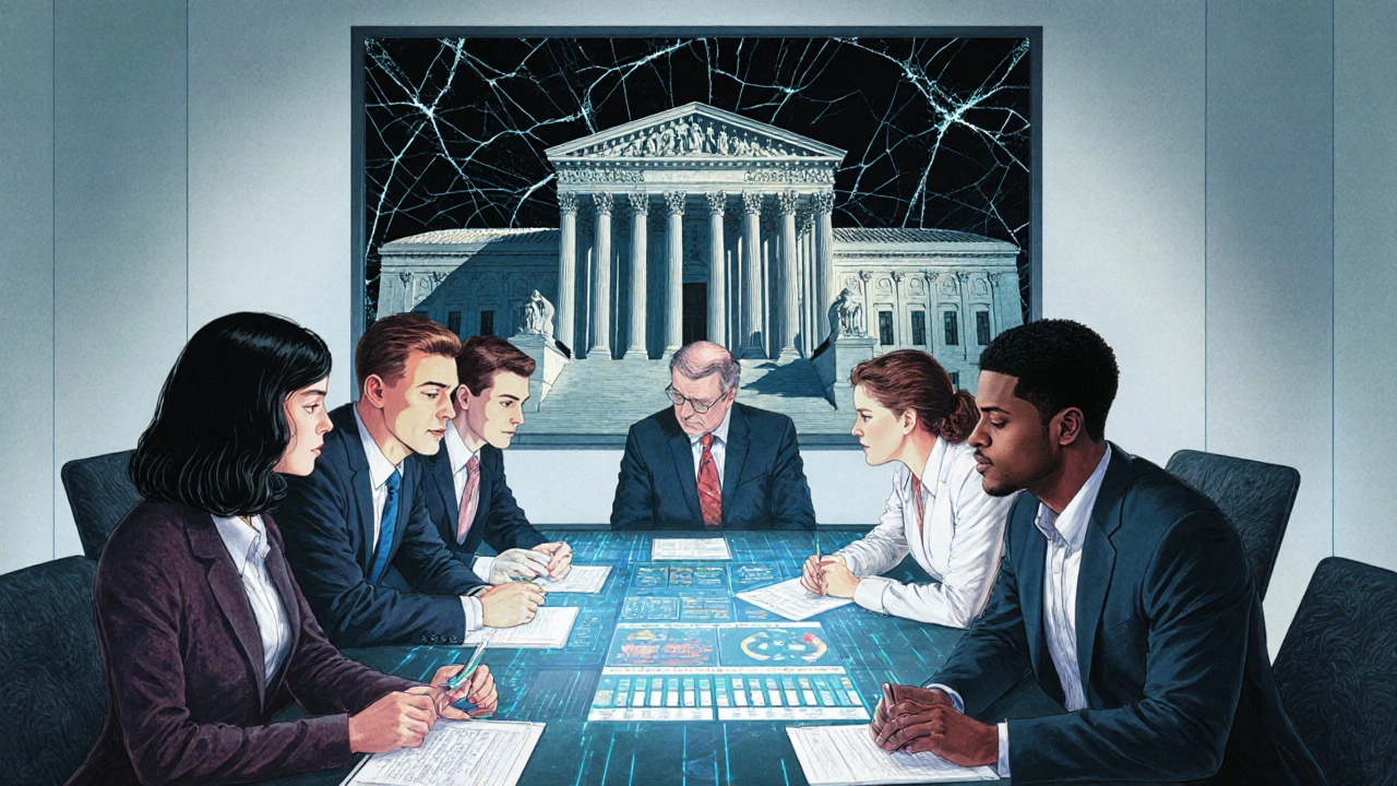 A team working with an AI compliance dashboard, with the Supreme Court in the background under symbolic stress.