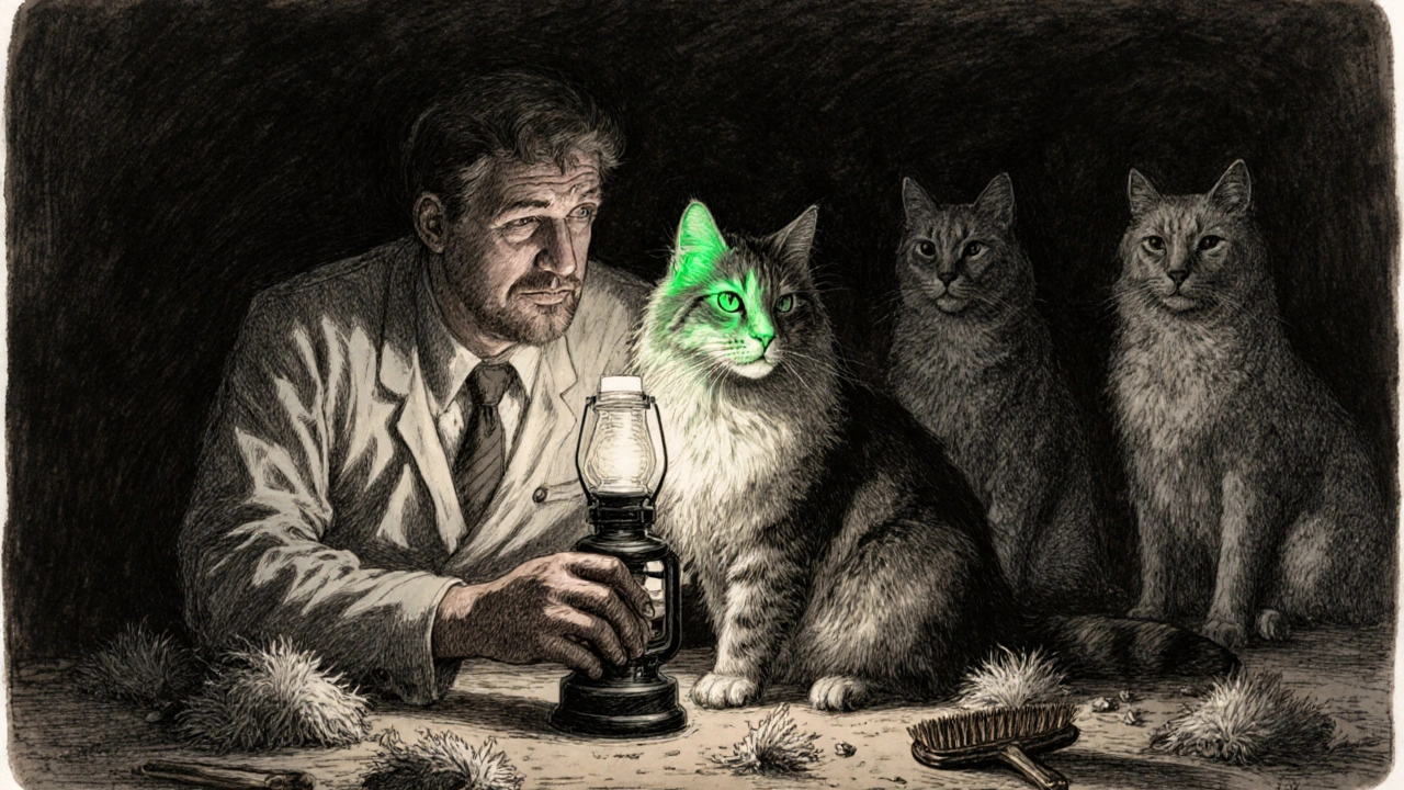 A vet uses a glowing light to detect ringworm on a cat&#039;s ear, with fur and brush nearby.