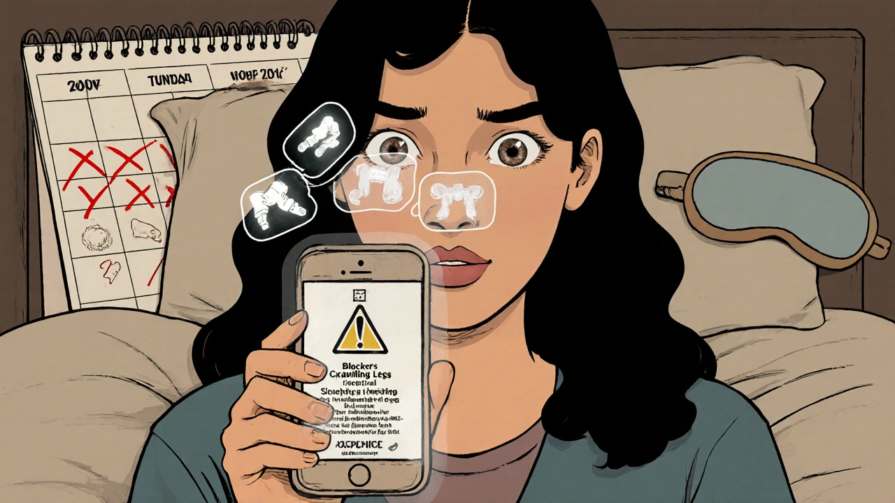 A woman scans a pill bottle with her phone, seeing warning symbols as she discovers a dangerous ingredient.
