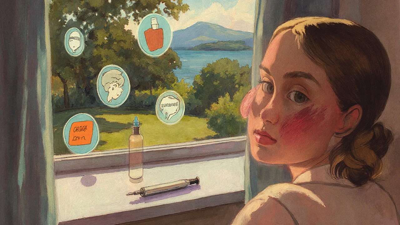 A woman sees her flushed face in a mirror, surrounded by medication icons and symbols of relief.