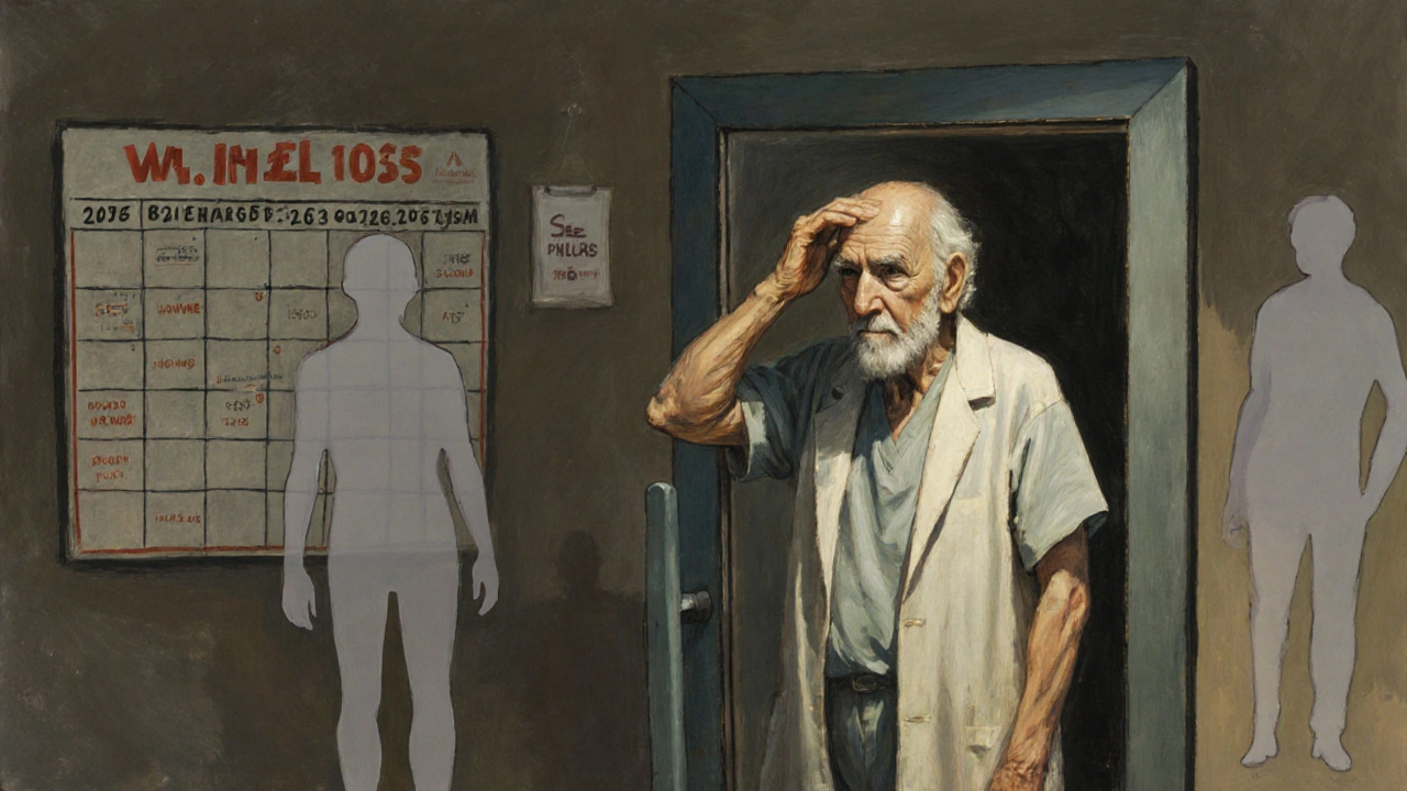 An elderly person facing a mirror as ghostly health threats loom behind them.