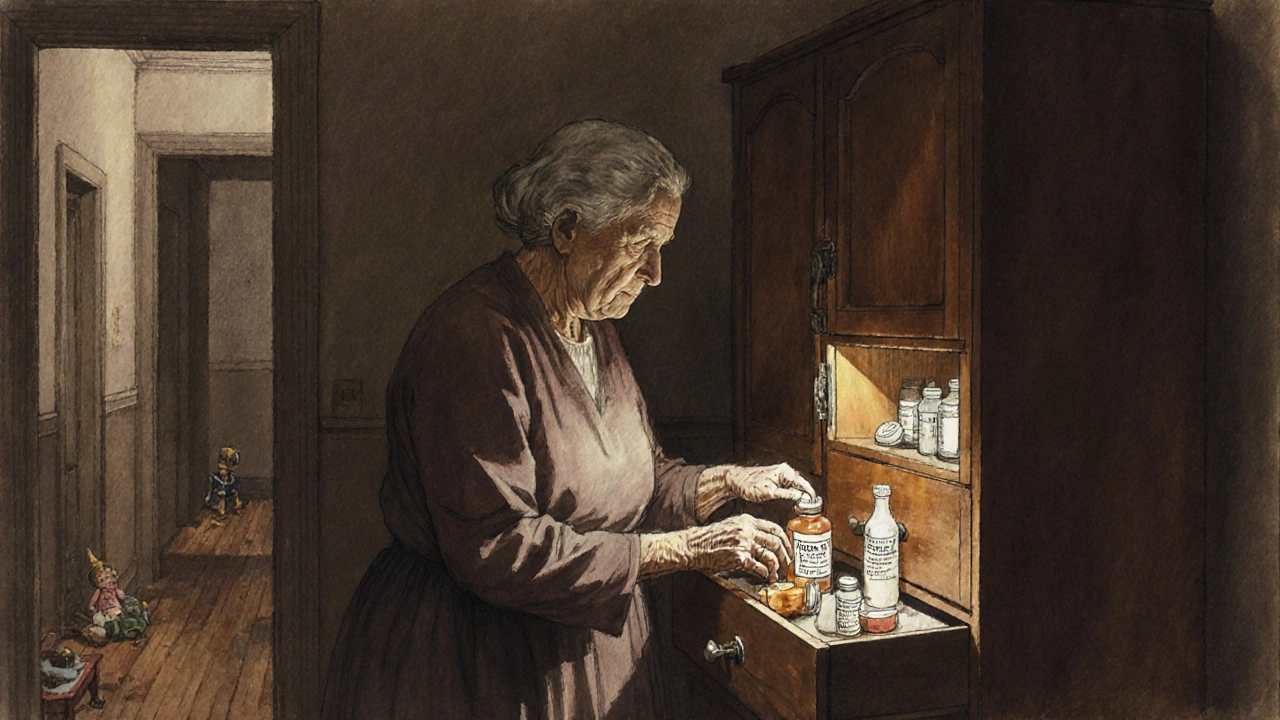 An elderly woman transferring medications to a locked bedroom drawer in soft light.