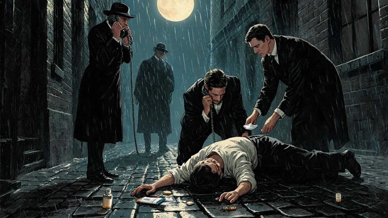 Bystanders respond to an overdose in an alley, administering naloxone and placing someone in recovery position.