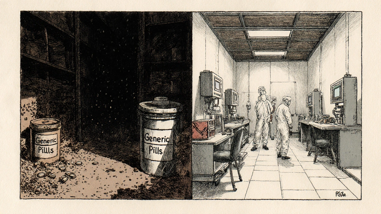 Contrast between a dusty warehouse and a pristine cleanroom, symbolizing drug safety.
