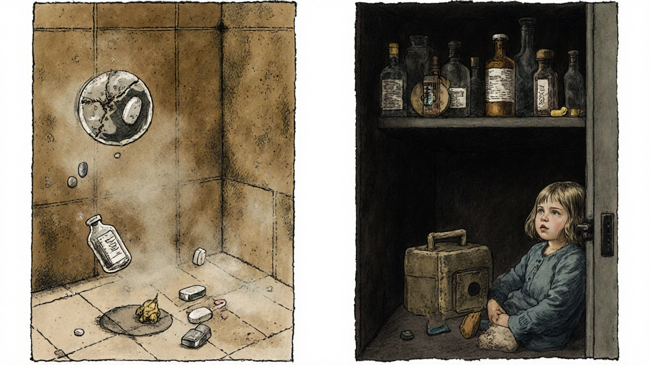 Contrasting scenes: dissolving meds in steam vs. safe storage in a dark closet.