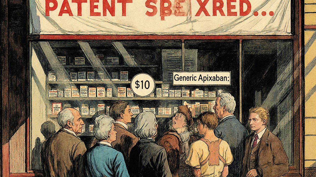 Diverse patients looking through pharmacy window at low-cost generic medication.