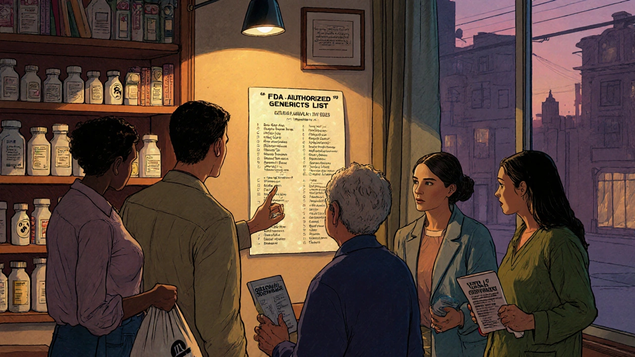 Diverse patients receiving counseling in a pharmacy as a pharmacist points to an FDA list of authorized generics.