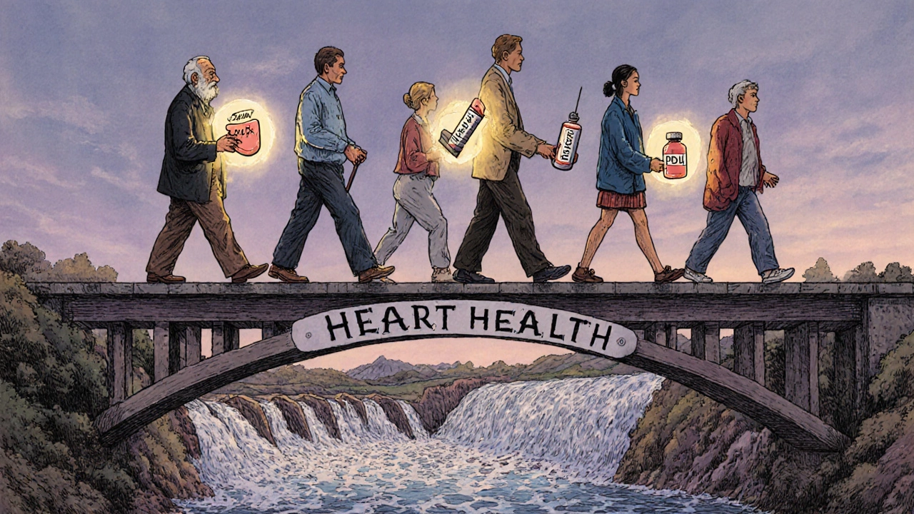 Diverse people choose paths to heart health on a bridge, with cholesterol flowing below.