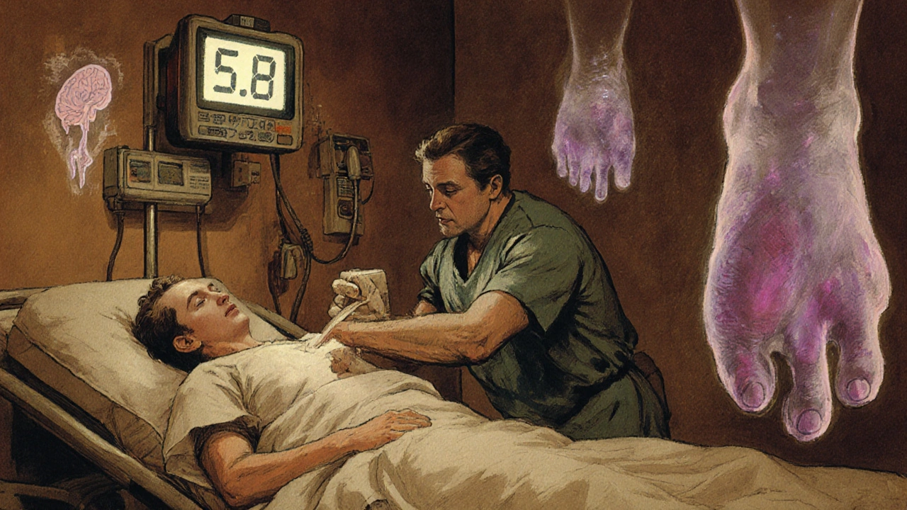 Doctor administering emergency treatment to a warfarin patient with critical INR levels and haunting bleeding symptoms visible.