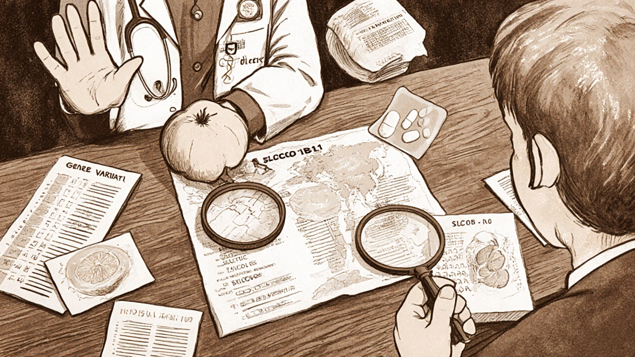 Doctor and patient review genetic test results and statin alternatives at a wooden table.