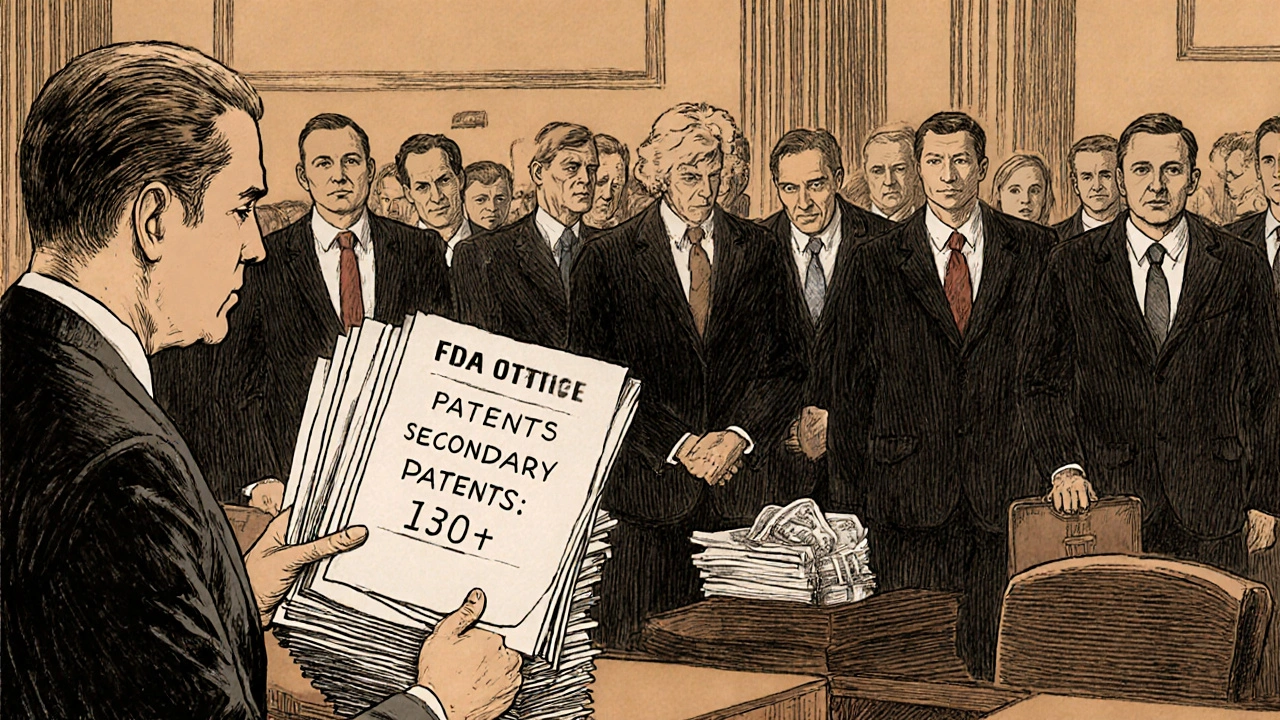 FDA official confronting pharmaceutical executives in a courtroom over patent thickets.