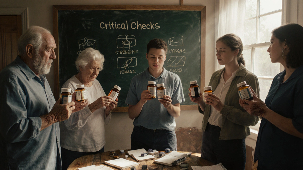 Group of people reading medication details aloud together, with icons of dosage forms on a chalkboard.