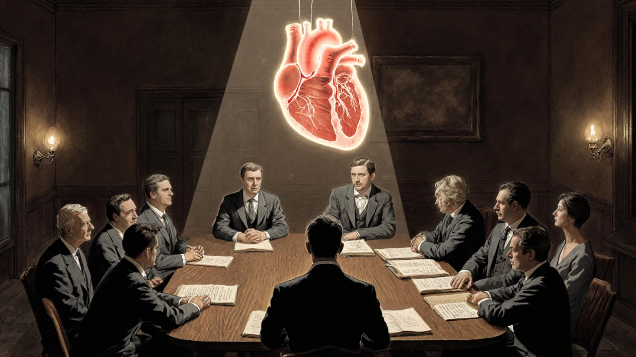 Heart team gathered around a glowing model of a heart, debating PCI and CABG options in a solemn, illustrated meeting.