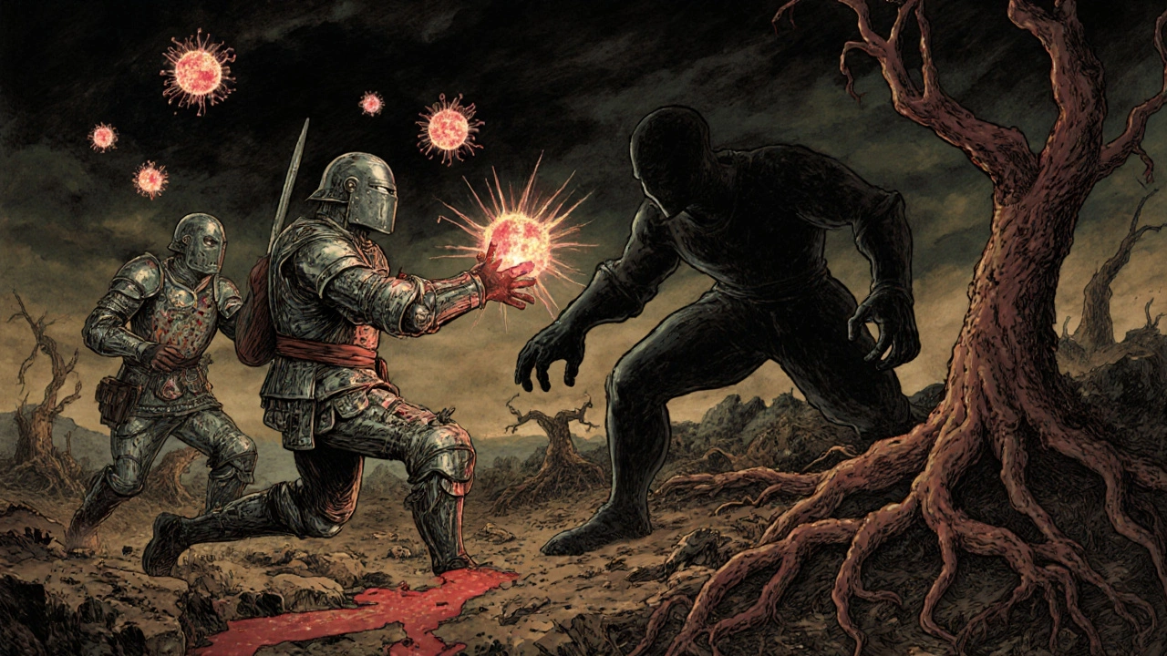Imaginary battle between immune cells and cancer cells in a dark, textured landscape.