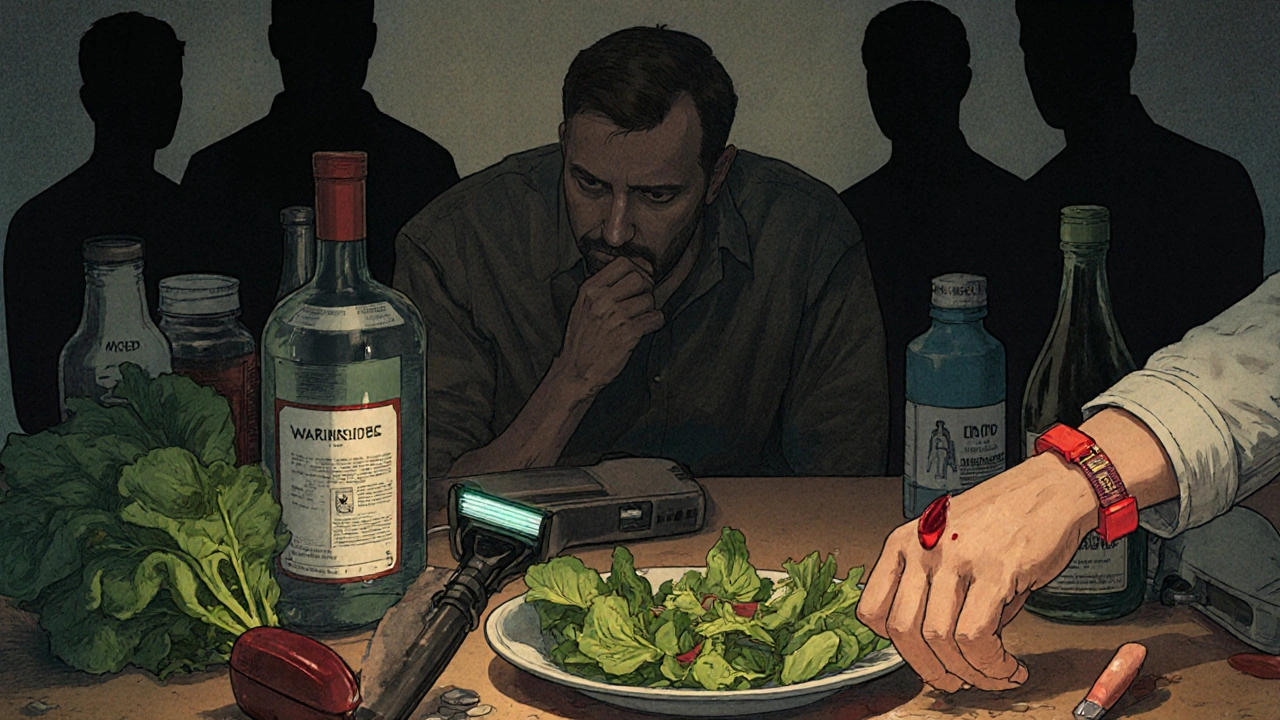 Man at kitchen counter with warfarin and vitamin K-rich foods, shadowed by risky substances, wearing a medical alert bracelet.