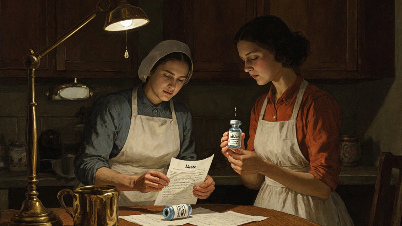 Nurse and family member comparing two insulin vials labeled U-100 and U-500 at a kitchen table.
