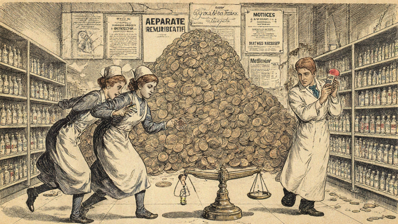 Nurses scramble in a pharmacy as empty shelves and a single vial in a doctor&#039;s hand reflect a drug shortage crisis.