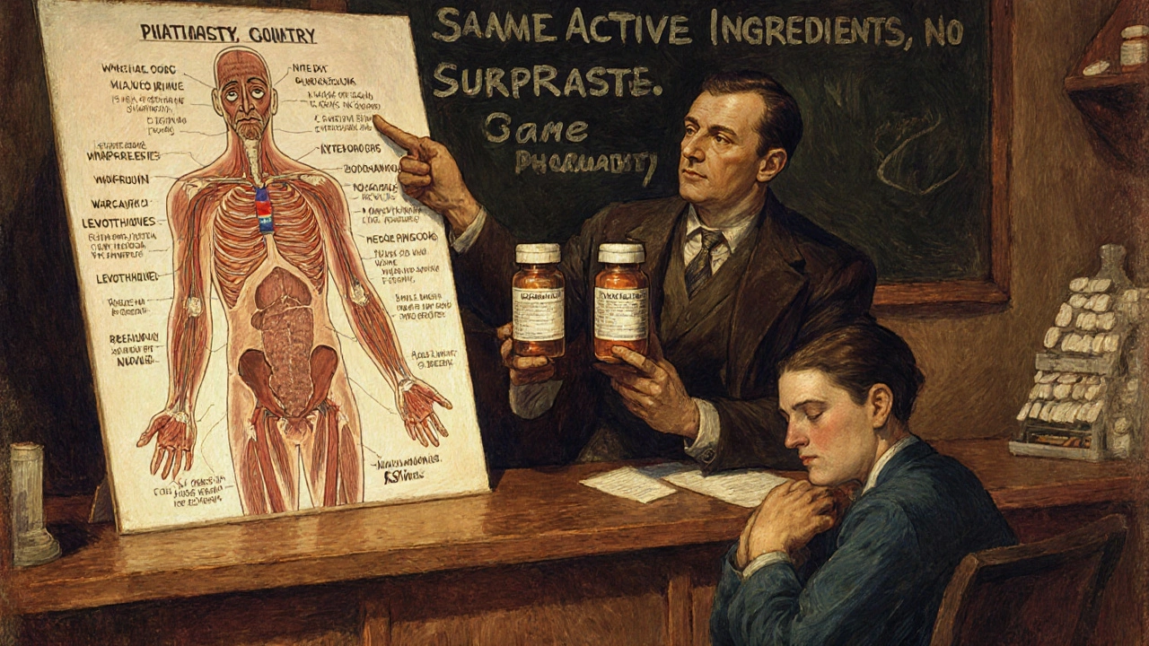 Pharmacist explaining NTI drug safety using a medical chart and two identical pill bottles under dramatic lighting.
