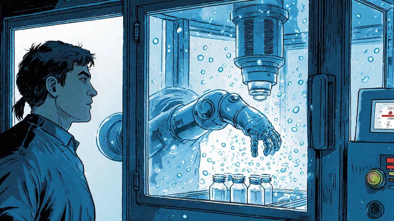 Robotic arm in isolator system working with glowing filters and floating particles.