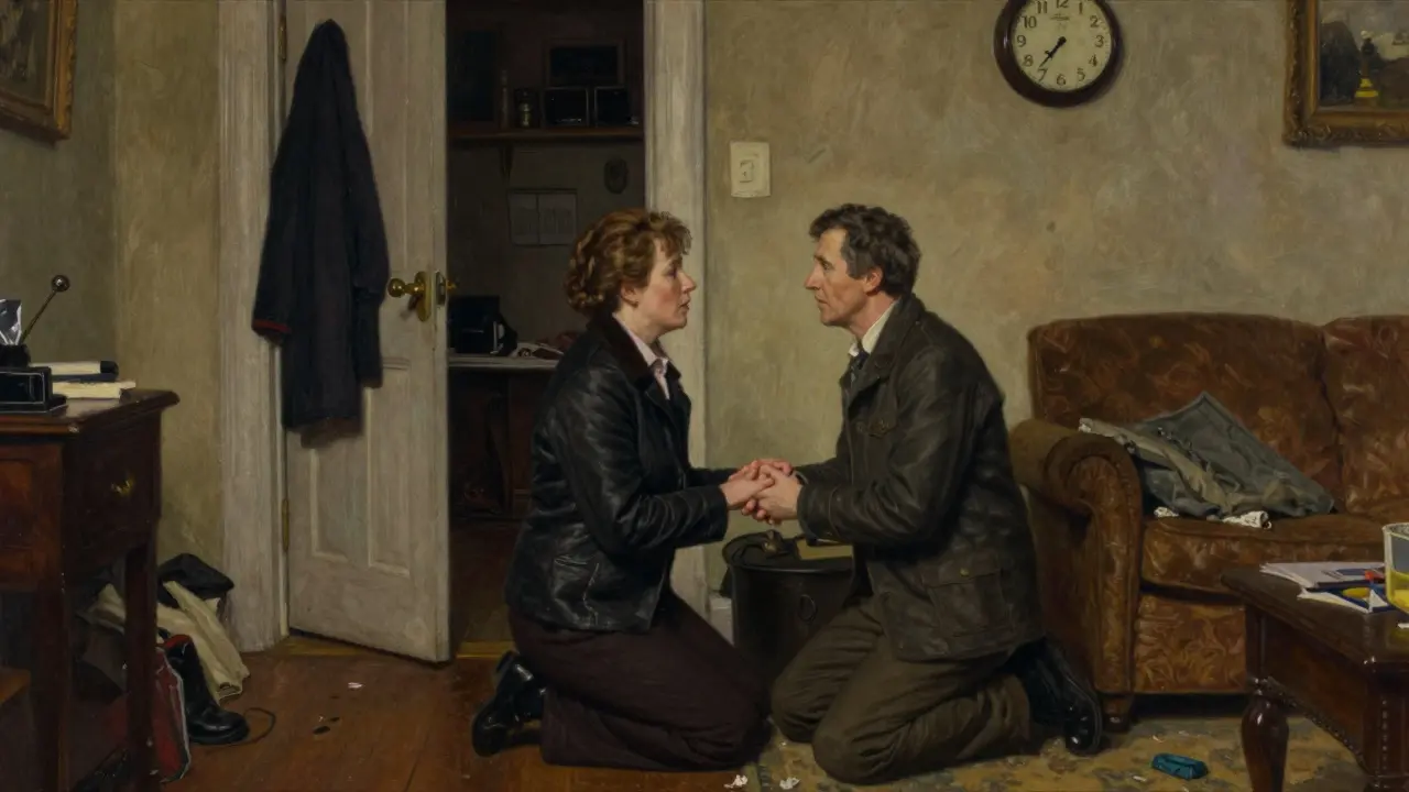 A caregiver kneels beside her husband in a cluttered room, holding his hand as he looks through her, lost in time.