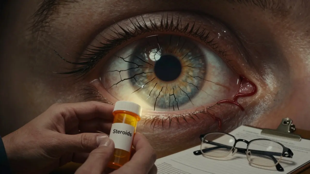 A dimming eye with cataracts and glaucoma spreading, contrasted by a prescription bottle and spectacles symbolizing care.