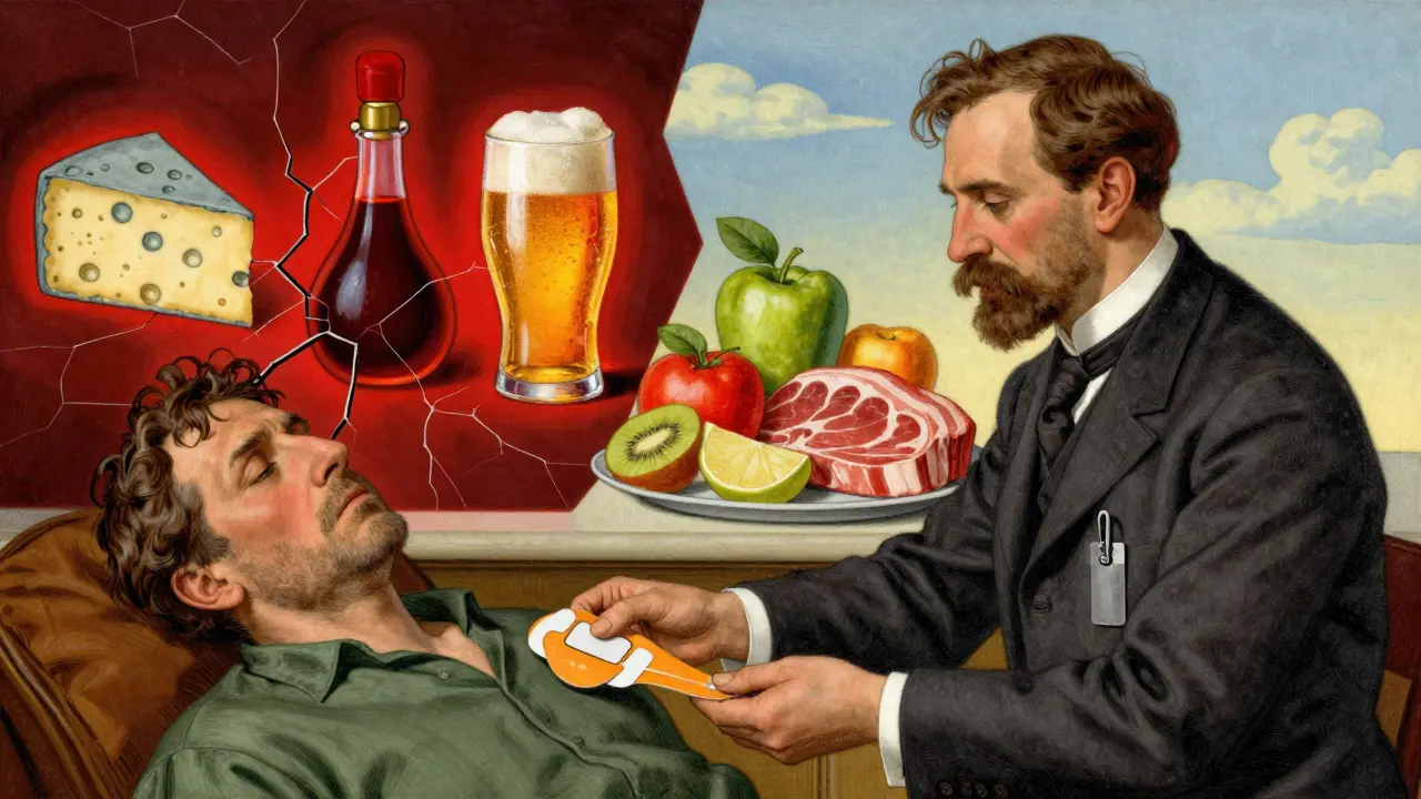 A doctor gives a patch to a patient, with dangerous foods cracking on one side and safe foods glowing on the other.