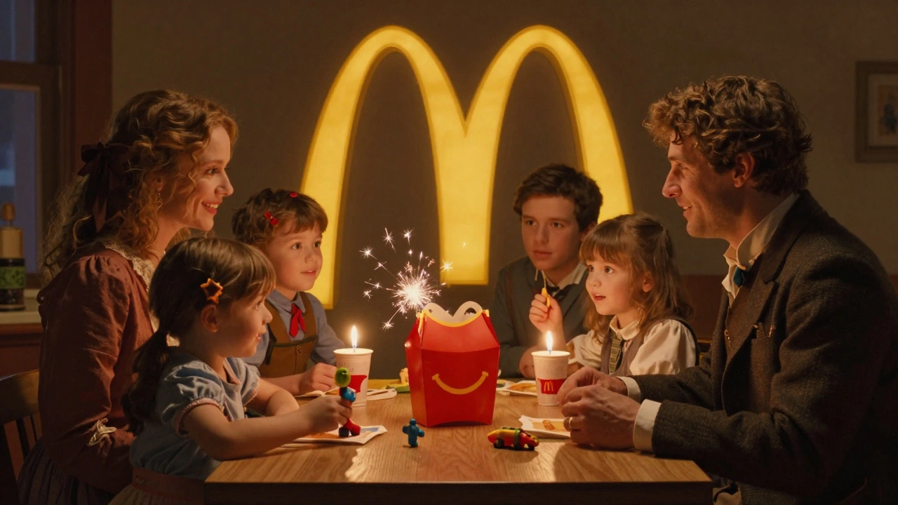 A family enjoying Happy Meals at home, golden arches glowing softly in warm candlelight.