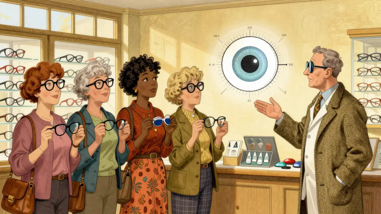 A group of people in an optician’s shop holding various reading glasses, with a doctor pointing to an eye diagram.