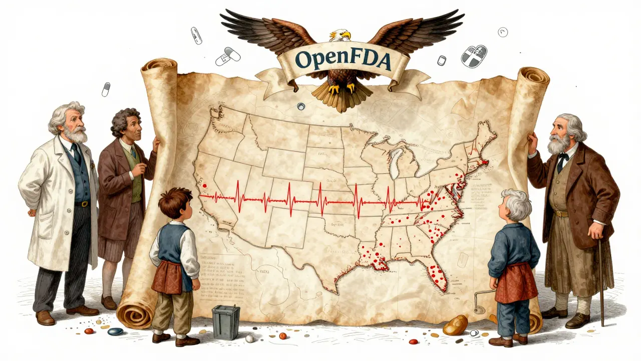 A group of people studying a map of the U.S. with pulsing red dots showing drug side effect reports, under a floating eagle.