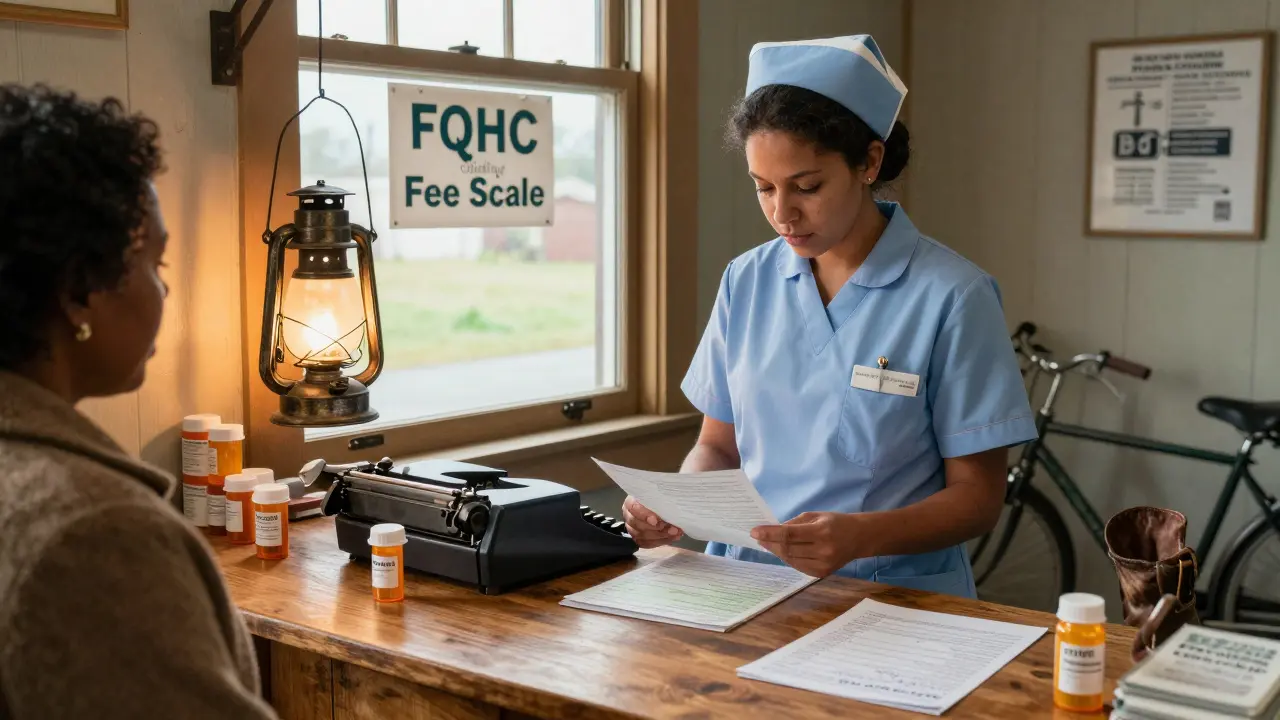 A nurse reviews income documents at a wooden counter, surrounded by generic medicine bottles and a hand-written list.