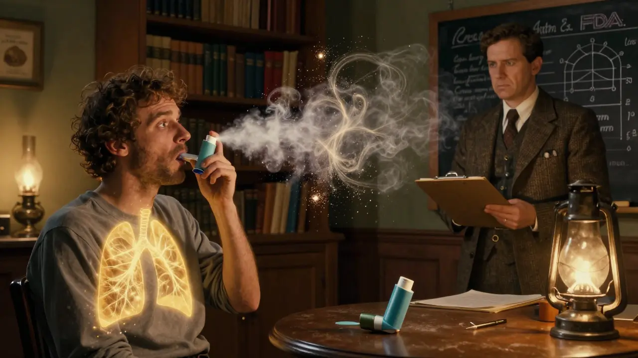 A patient uses an inhaler as glowing particles drift unevenly; a generic device lies nearby, observed by an inspector in a dimly lit room.