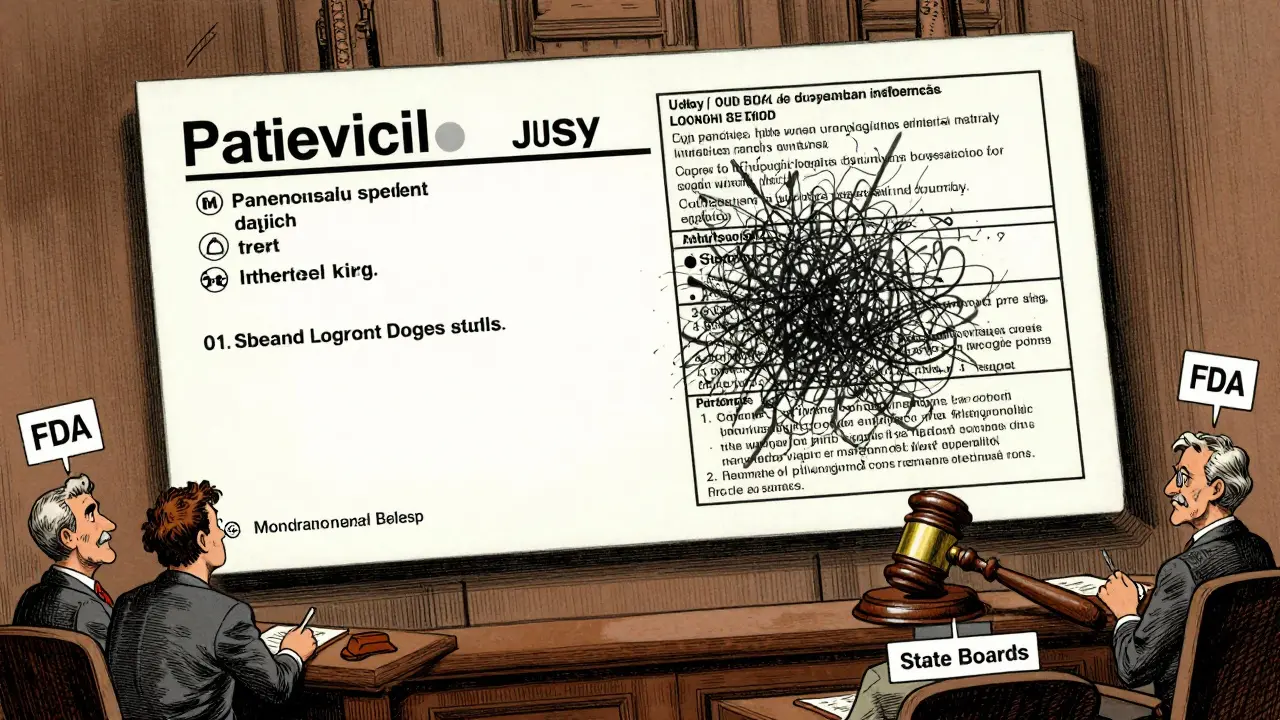 A split prescription label in a symbolic courtroom, contrasting clear design with chaotic text.