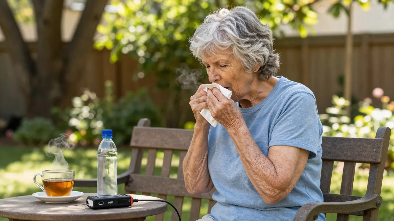 A woman gardening peacefully, with a PEP device on the bench, symbolizing life regained.