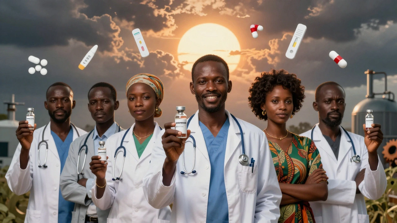 African health workers hold long-acting HIV injections, symbols of medicine and factories around them.