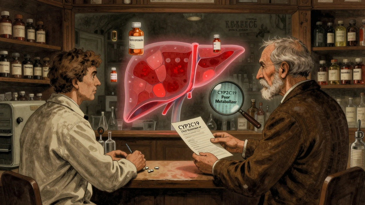An elderly man at a pharmacy counter with a glowing, warning-marked liver behind him, surrounded by antifungal drug bottles.