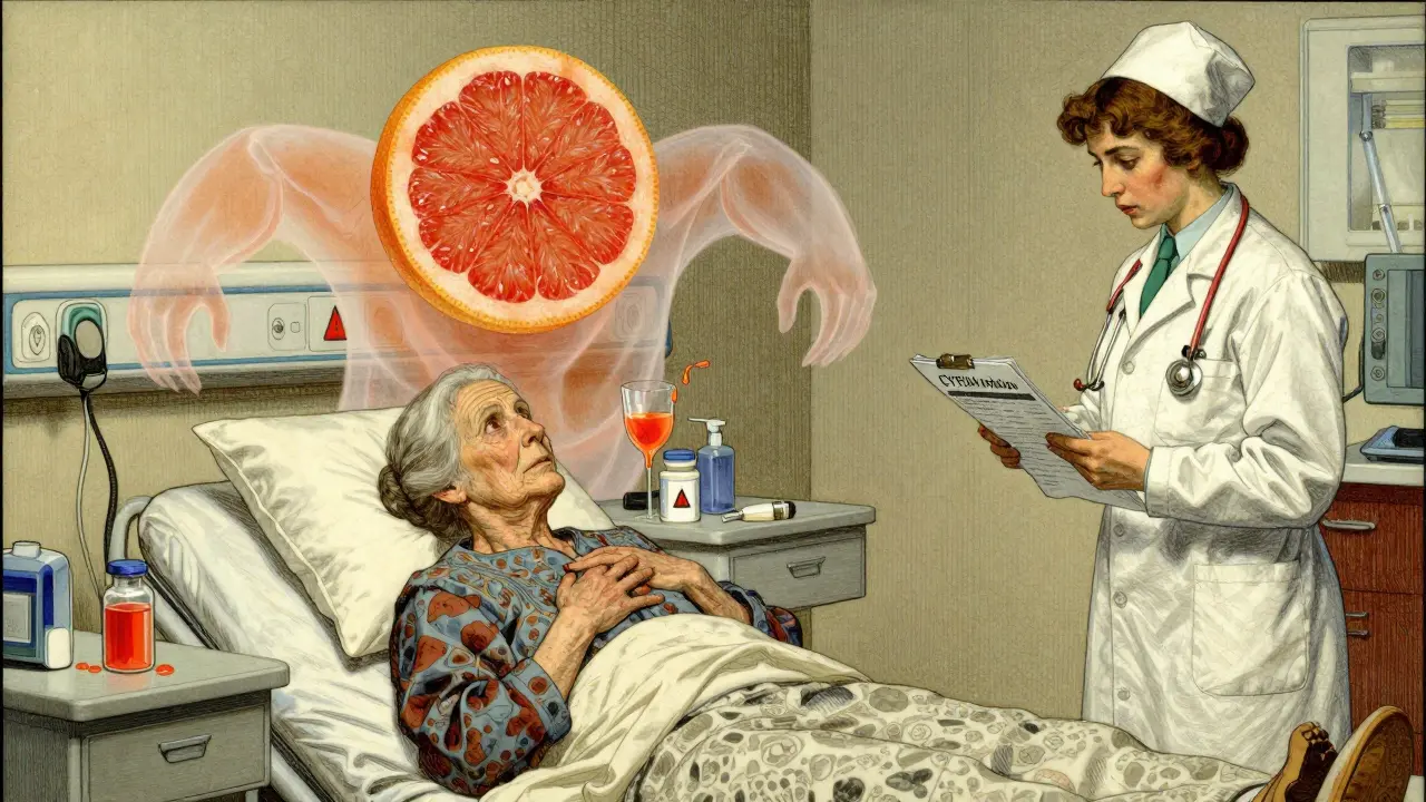An elderly woman in emergency room with ghostly grapefruit above her bed, attended by a nurse, in Howard Pyle illustration style.