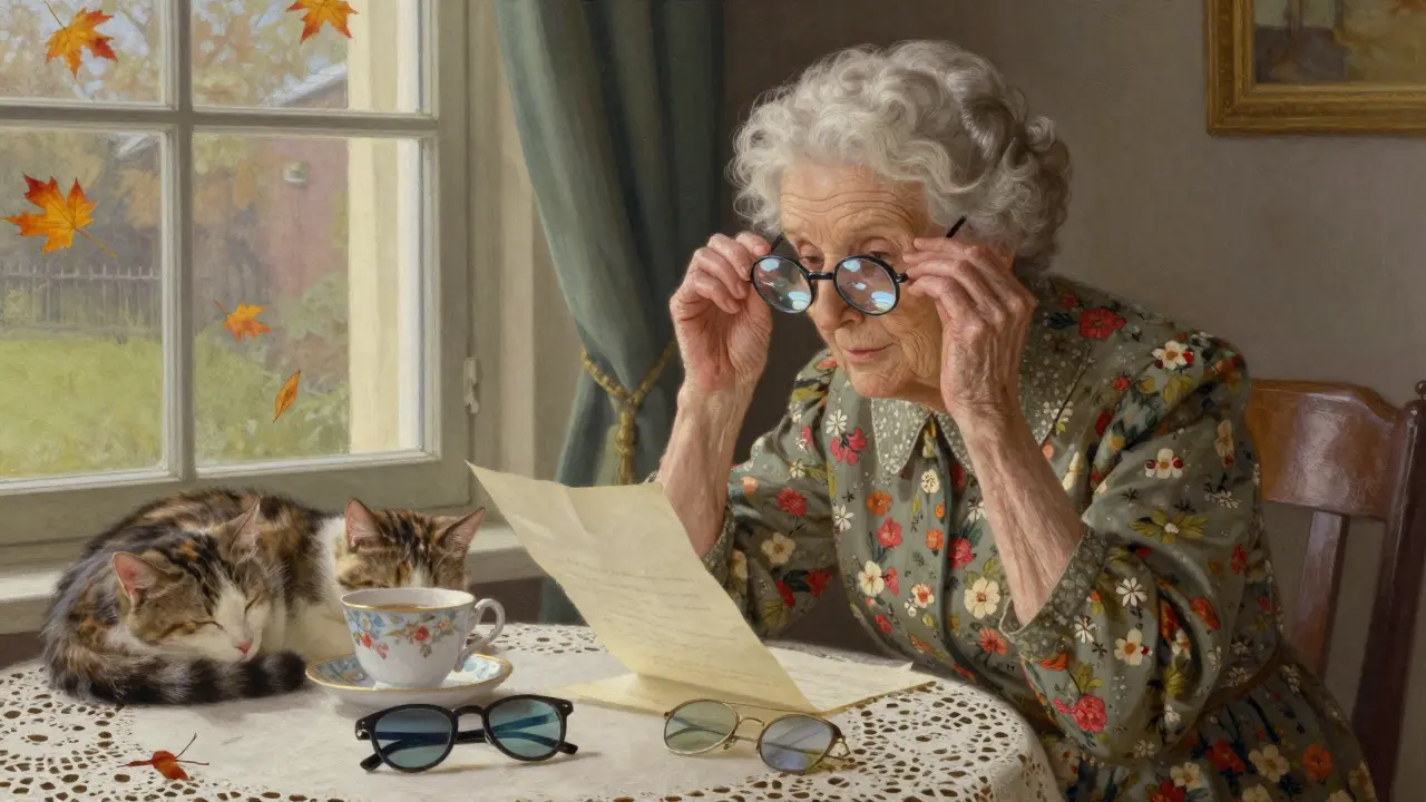 An elderly woman reading a letter by a window, adjusting her bifocals with soft sunlight and a cat nearby.