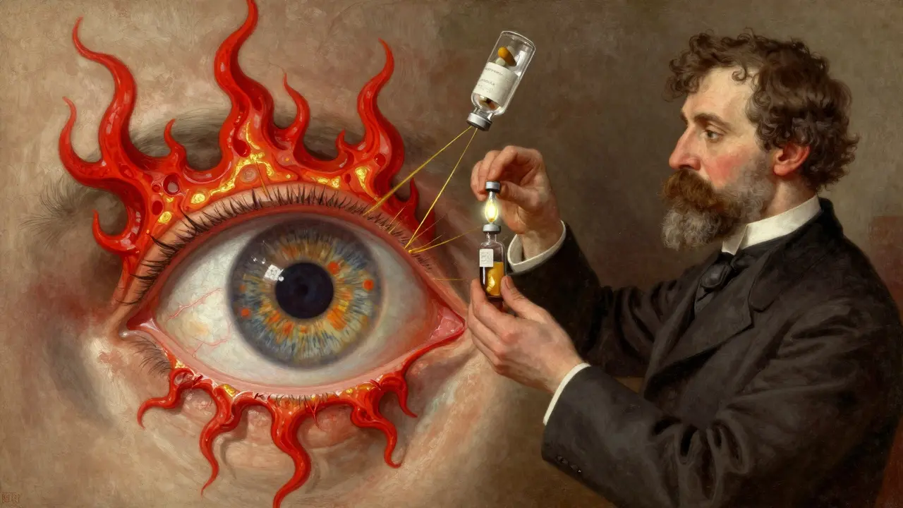 Anatomical eye under attack by fiery tendrils, with a doctor administering steroid drops in Victorian medical illustration style.