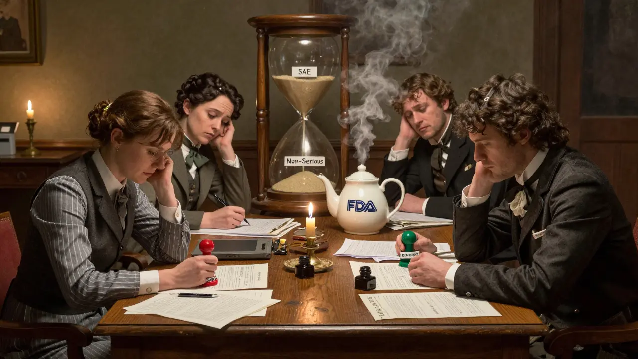 Clinical team at oak table with red and green stamps, hourglass separating serious and non-serious events.