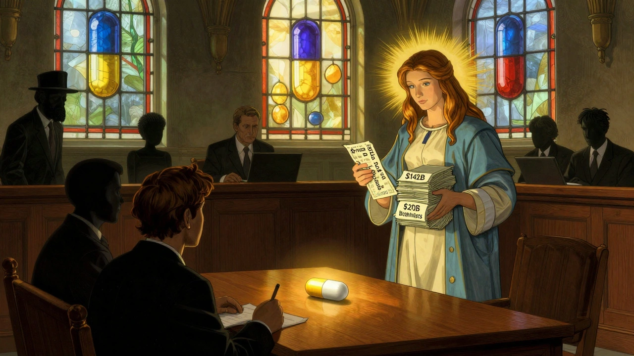 Courtroom scene with generic pill standing against pharmaceutical lobbyists