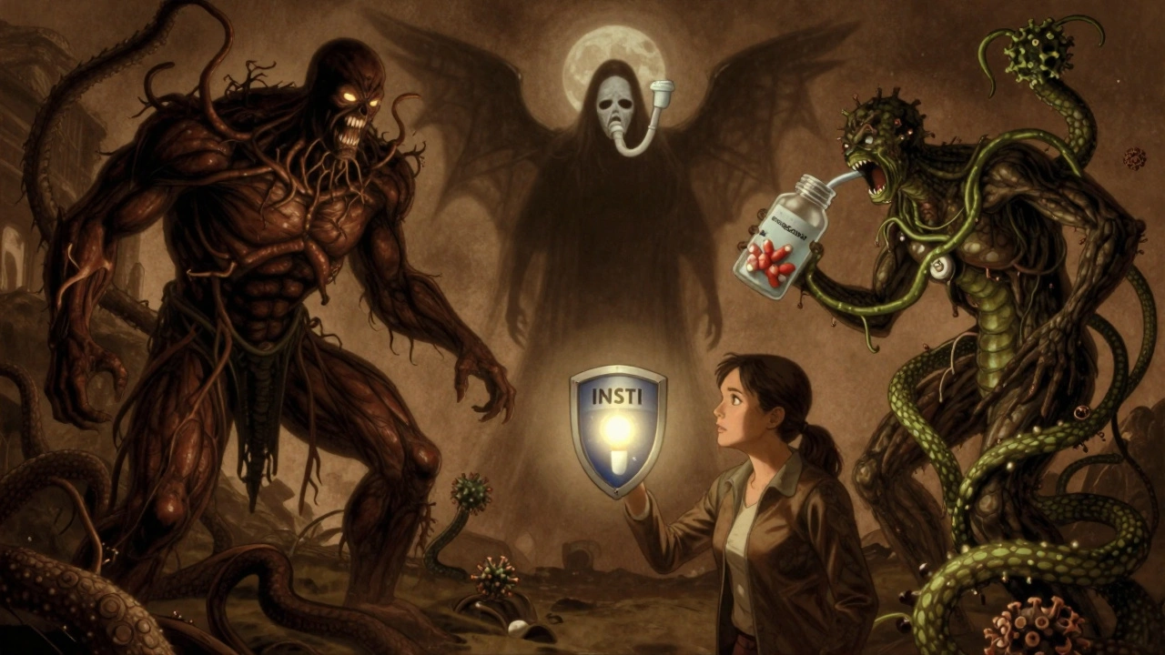 Dangerous drug interactions as shadowy monsters attacking an HIV pill, countered by a glowing INSTI shield of hope.