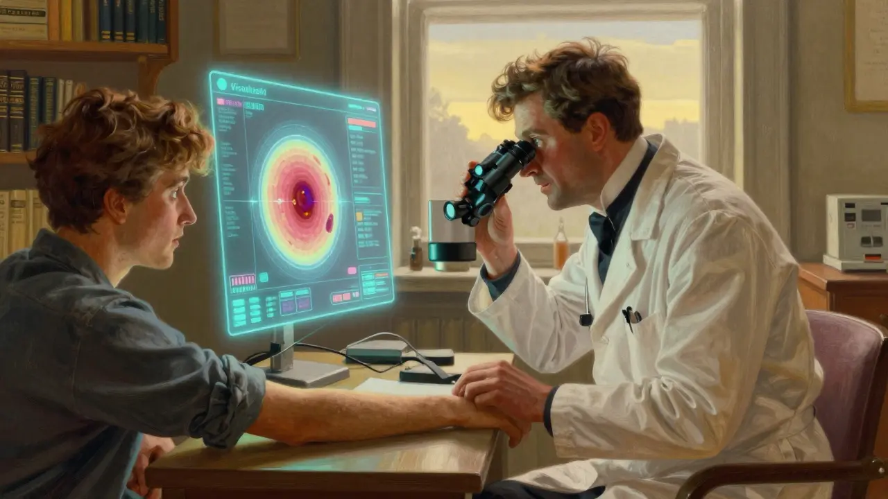 Dermatologist examining skin under a dermoscope with a glowing AI interface projecting a melanoma analysis.