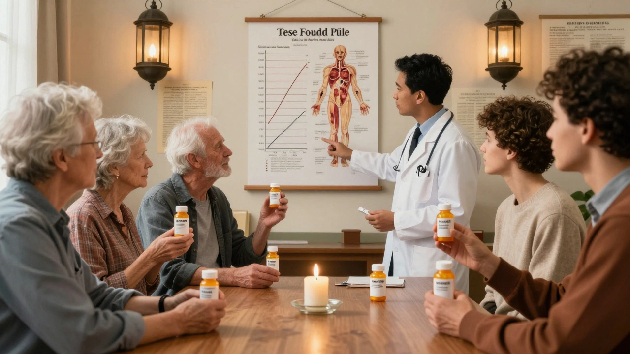 Diverse patients receiving prescriptions at a clinic with a chart showing equal drug absorption.