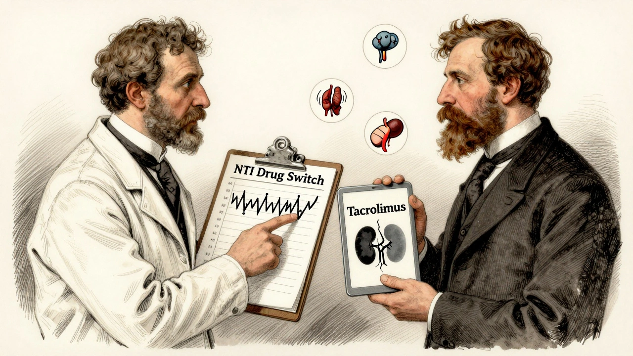 Doctor and pharmacist arguing over NTI drug switch with blood test chart and cracking kidney icon in historical style.