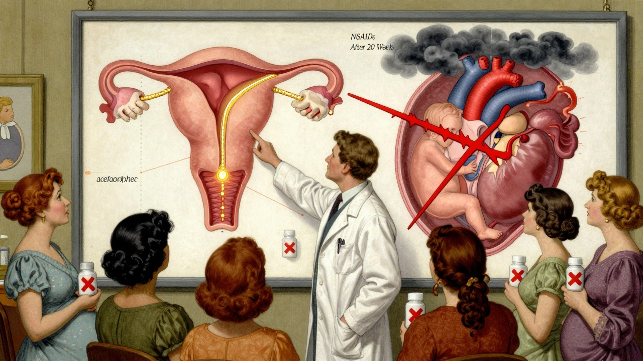 Doctor explaining a medical chart showing safe acetaminophen use versus dangerous NSAID effects on fetus.