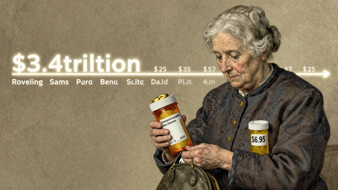 Elderly woman choosing affordable generic pill over expensive brand-name bottle