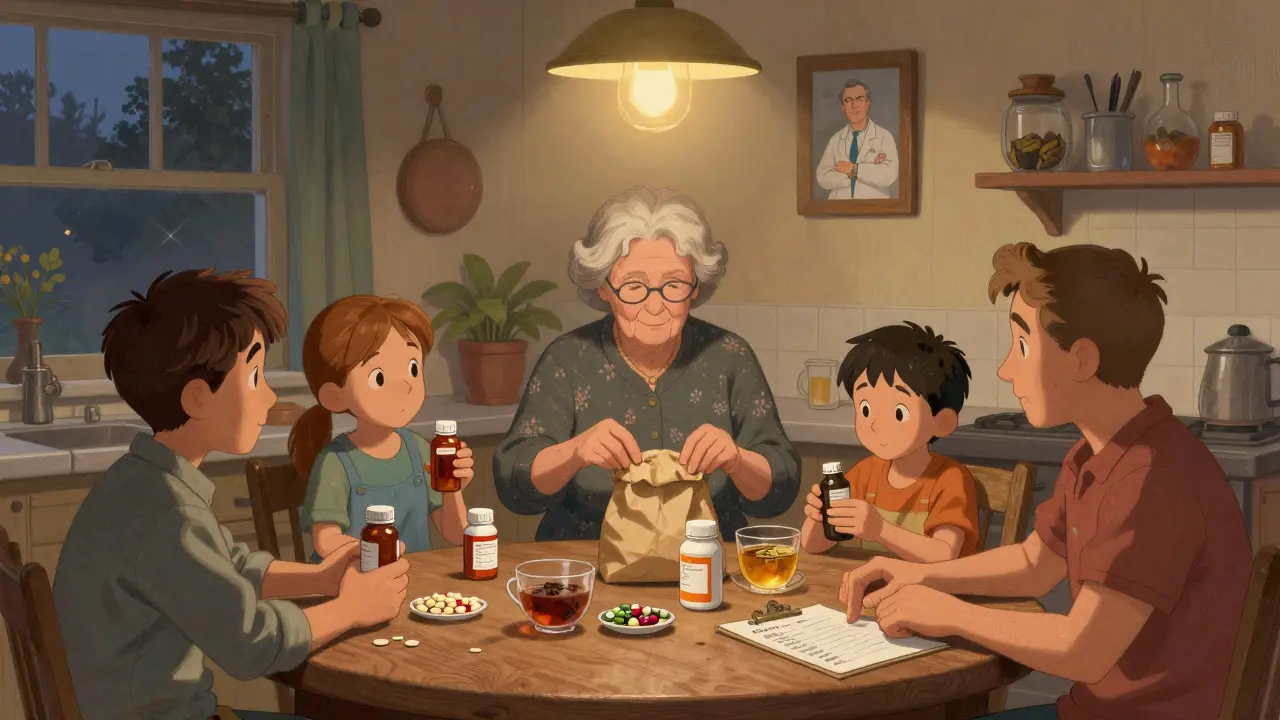 Family reviewing medications at the kitchen table with a brown bag of pills and a written list.