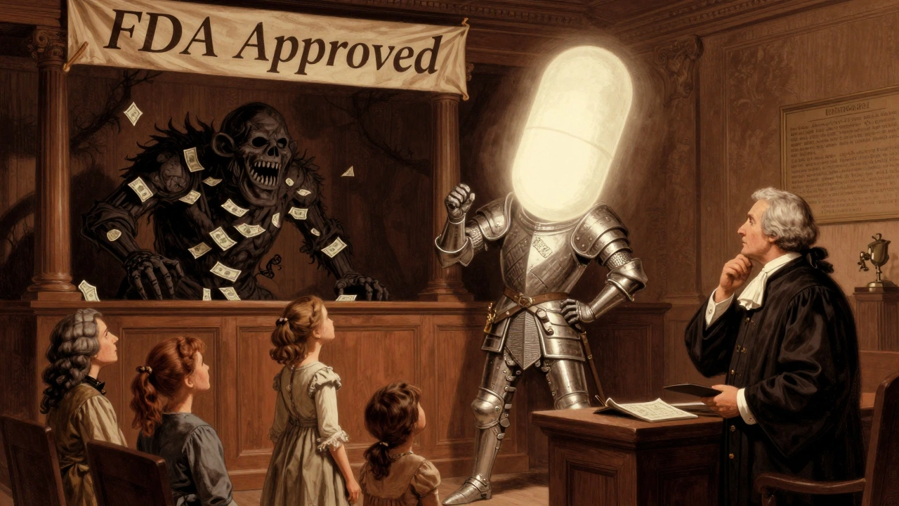 Generic pill as a knight defeating a monster made of dollar bills in a dramatic courtroom scene.